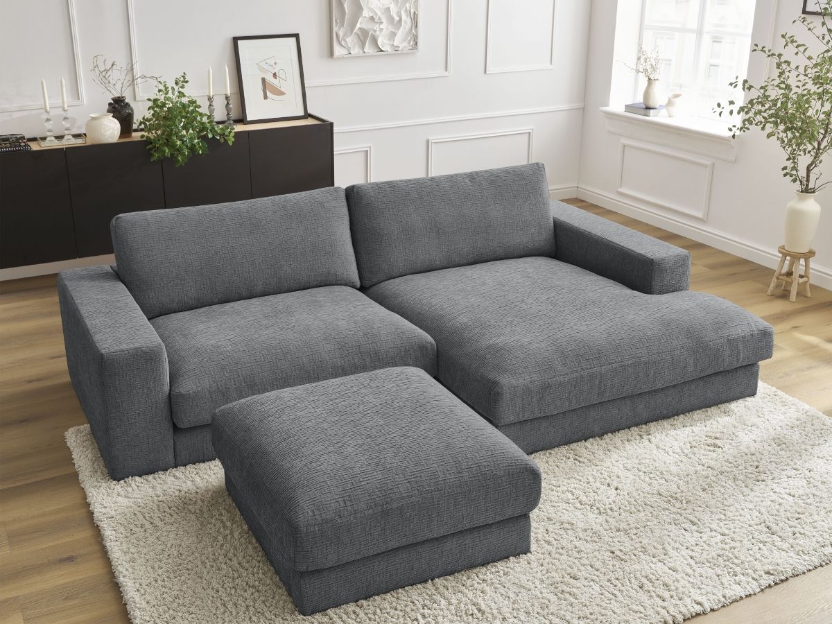 Canapé d'angle fixe compact LEONARD tissu texturé avec pouf