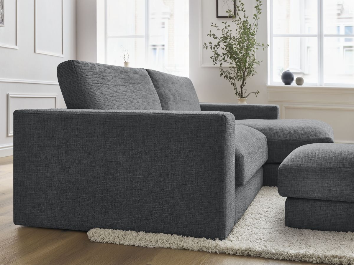 Canapé d'angle fixe compact LEONARD tissu texturé avec pouf
