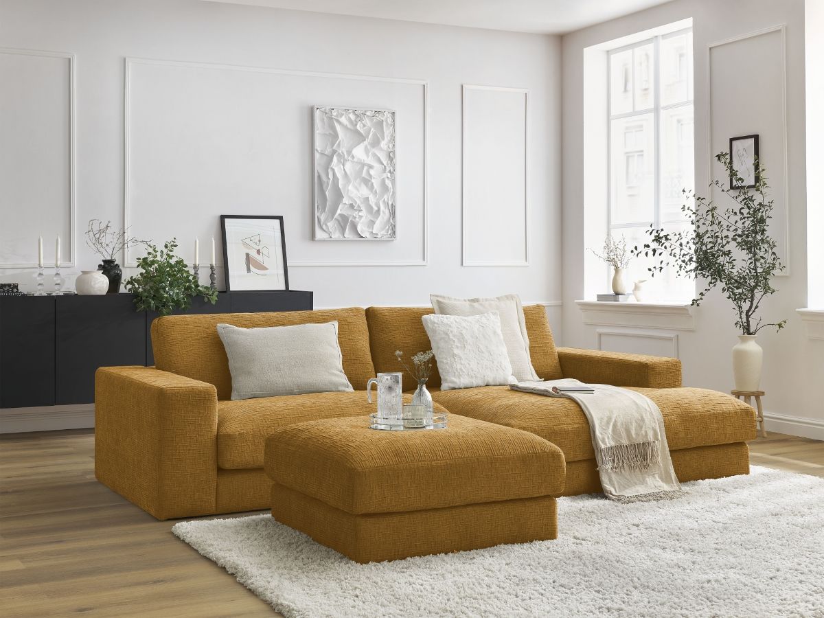 Canapé d'angle fixe compact LEONARD tissu texturé avec pouf