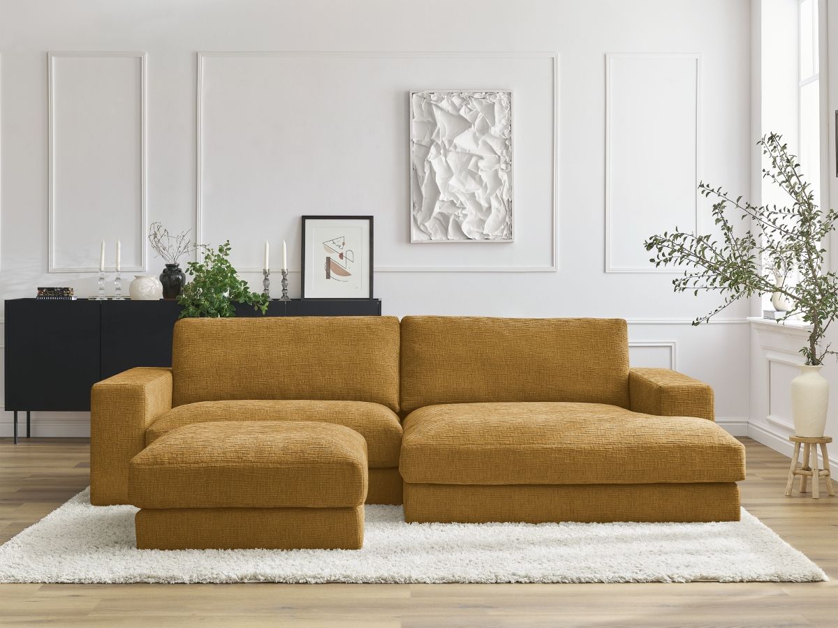 Canapé d'angle fixe compact LEONARD tissu texturé avec pouf jaune  angle droit BOBOCHIC 4 places - Vue supplémentaire 2