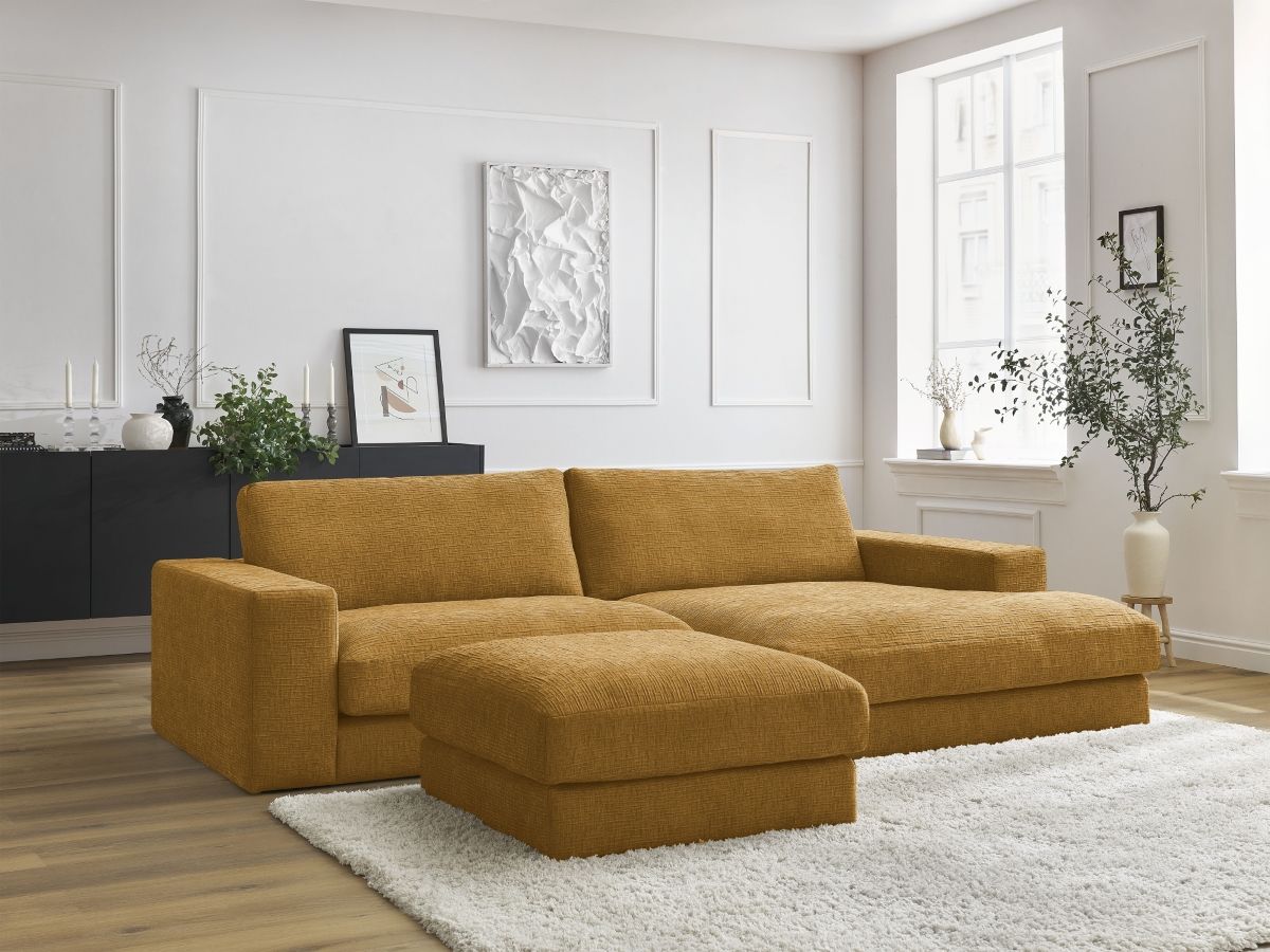Canapé d'angle fixe compact LEONARD tissu texturé avec pouf jaune  angle droit BOBOCHIC 4 places - Vue supplémentaire 3