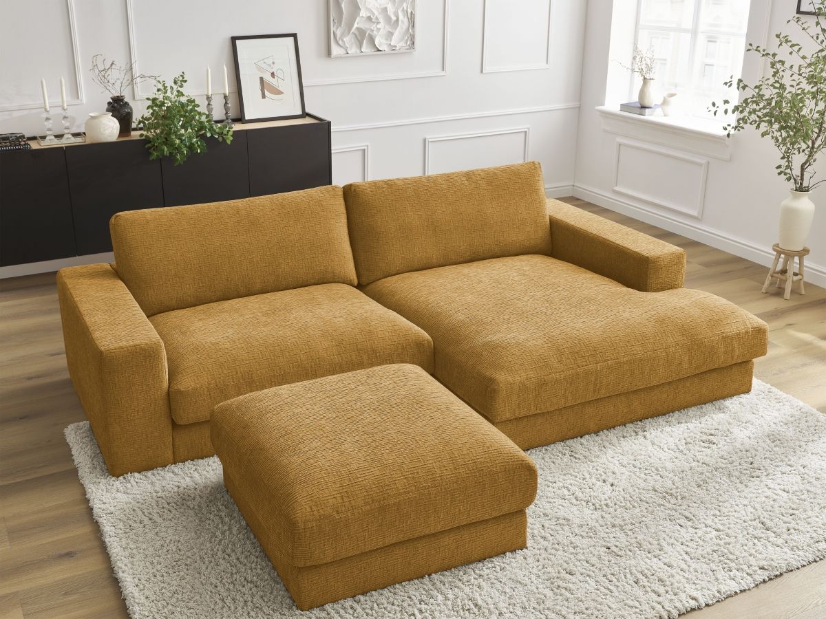 Canapé d'angle fixe compact LEONARD tissu texturé avec pouf