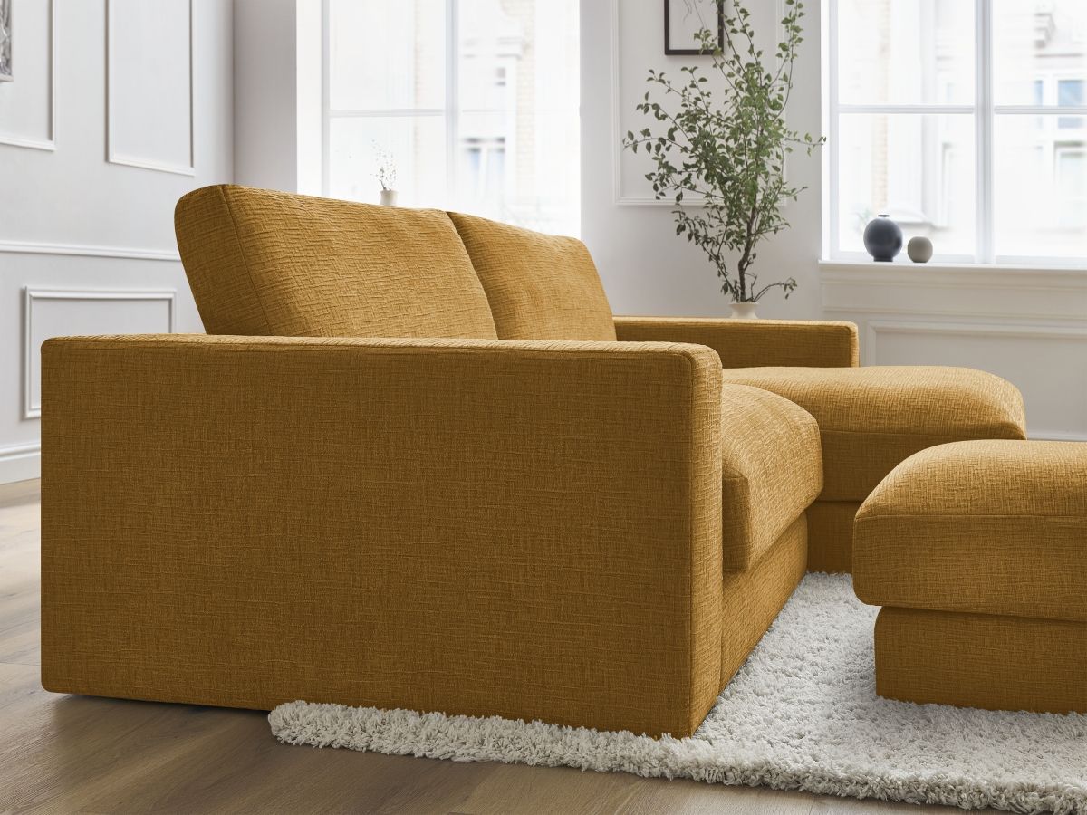 Canapé d'angle fixe compact LEONARD tissu texturé avec pouf