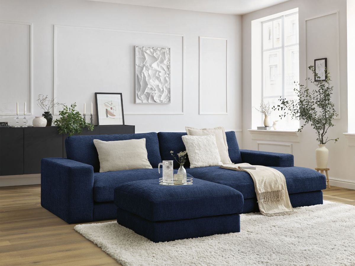 Canapé d'angle fixe compact LEONARD tissu texturé avec pouf