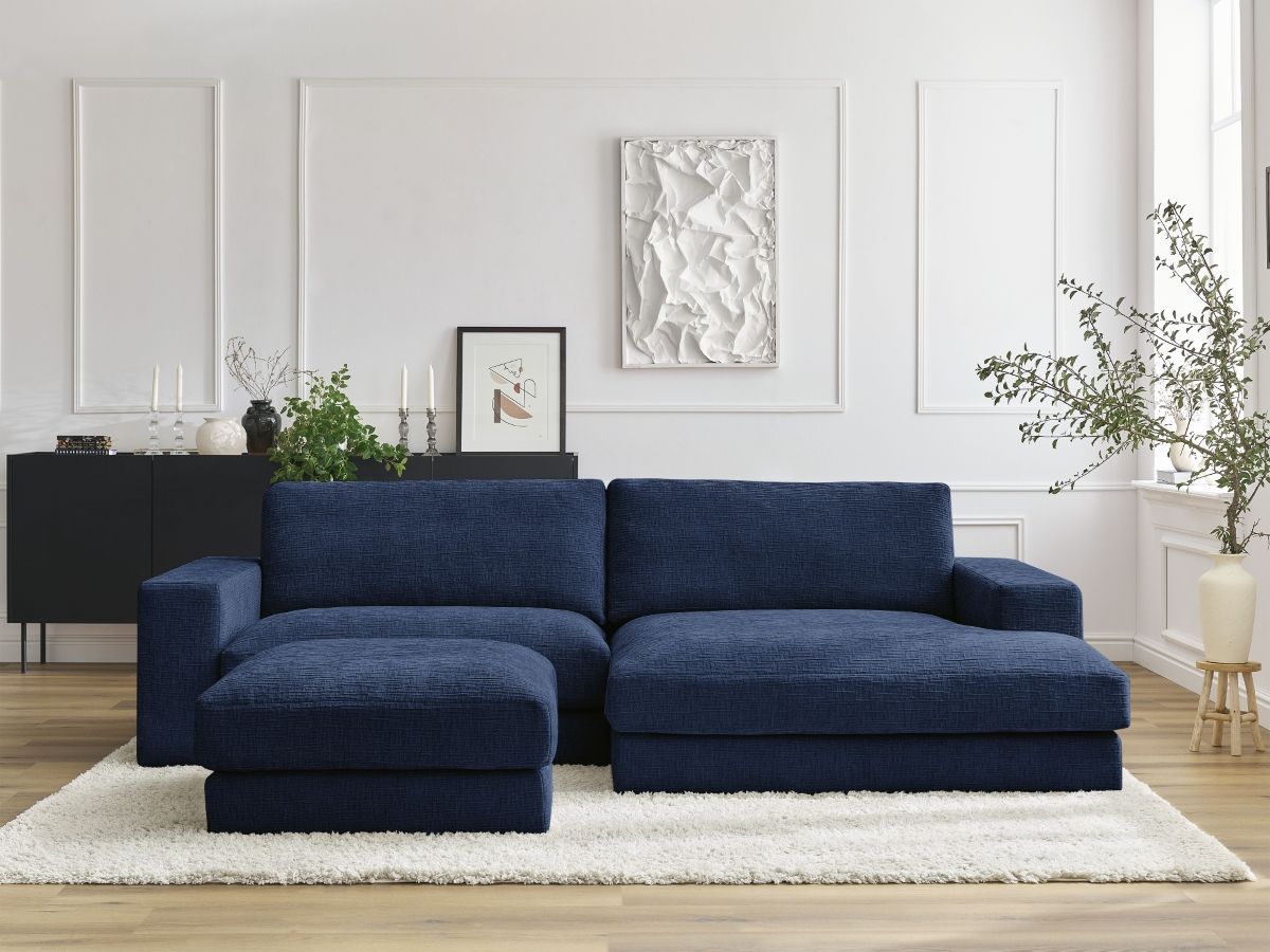 Canapé d'angle fixe compact LEONARD tissu texturé avec pouf bleu foncé  angle droit BOBOCHIC 4 places - Vue supplémentaire 2