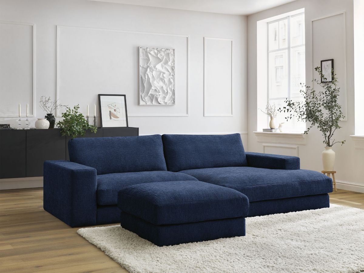 Canapé d'angle fixe compact LEONARD tissu texturé avec pouf bleu foncé  angle droit BOBOCHIC 4 places - Vue supplémentaire 3