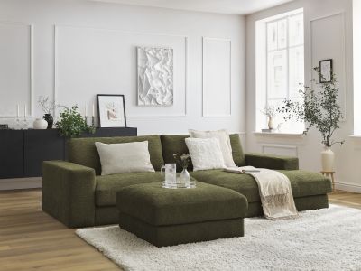 Canapé d'angle fixe compact LEONARD tissu texturé avec pouf