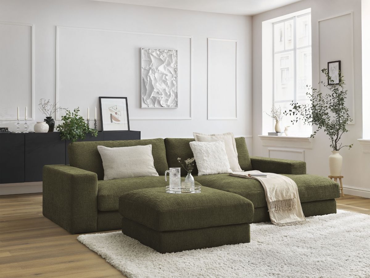 Canapé d'angle fixe compact LEONARD tissu texturé avec pouf