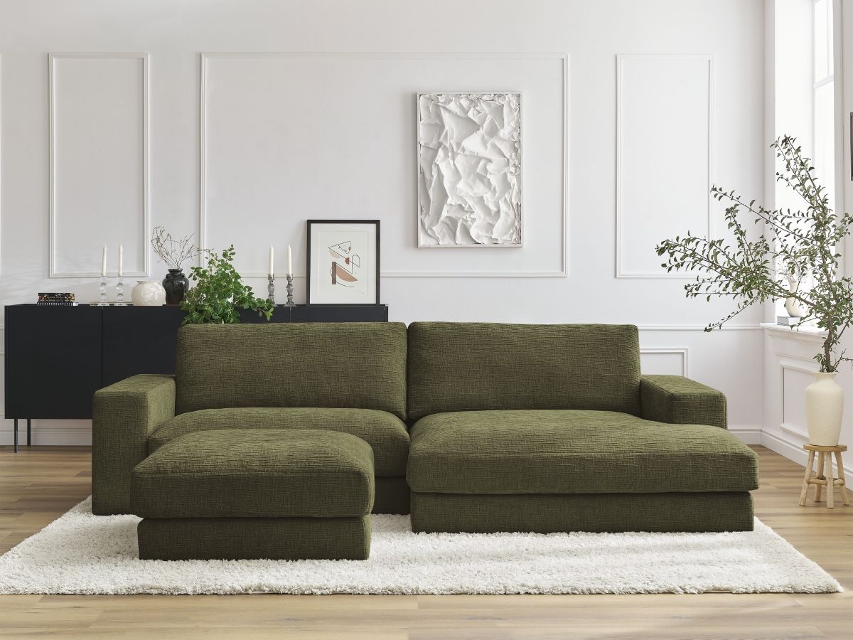 Canapé d'angle fixe compact LEONARD tissu texturé avec pouf