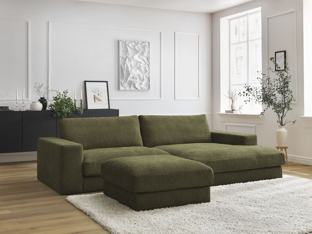 Canapé d'angle fixe compact LEONARD tissu texturé avec pouf vert  angle droit BOBOCHIC 4 places - Vue supplémentaire 3