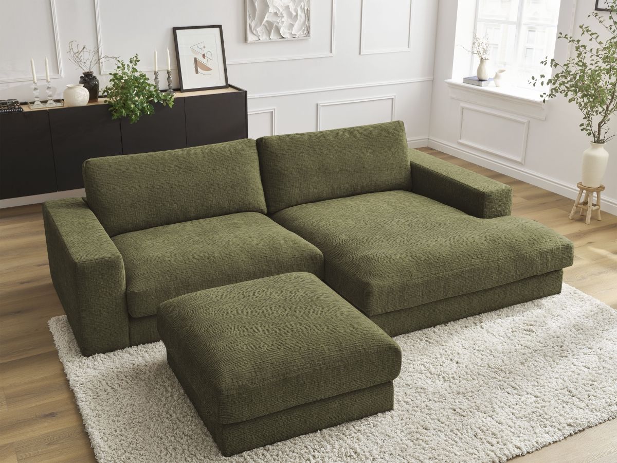 Canapé d'angle fixe compact LEONARD tissu texturé avec pouf