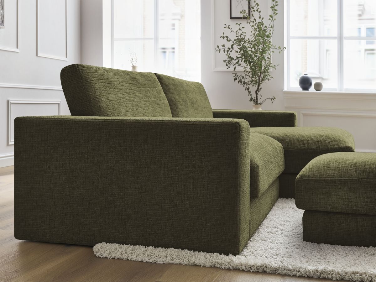 Canapé d'angle fixe compact LEONARD tissu texturé avec pouf