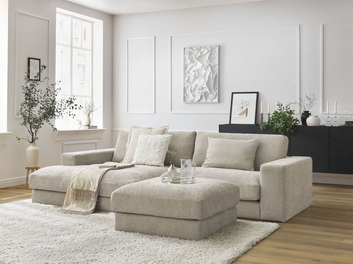 Canapé d'angle fixe compact LEONARD tissu texturé avec pouf