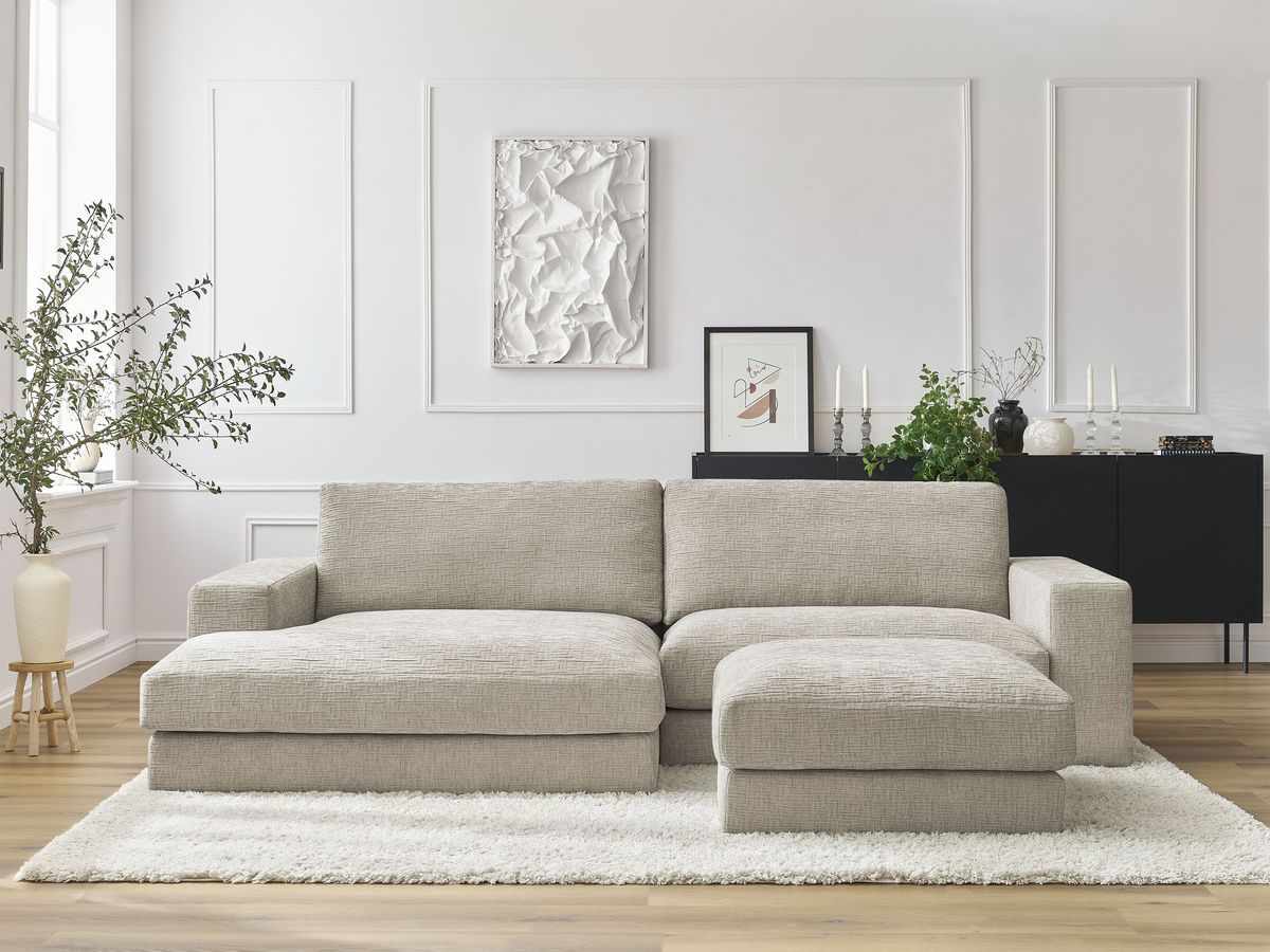 Canapé d'angle fixe compact LEONARD tissu texturé avec pouf beige  angle gauche BOBOCHIC 4 places - Vue supplémentaire 2