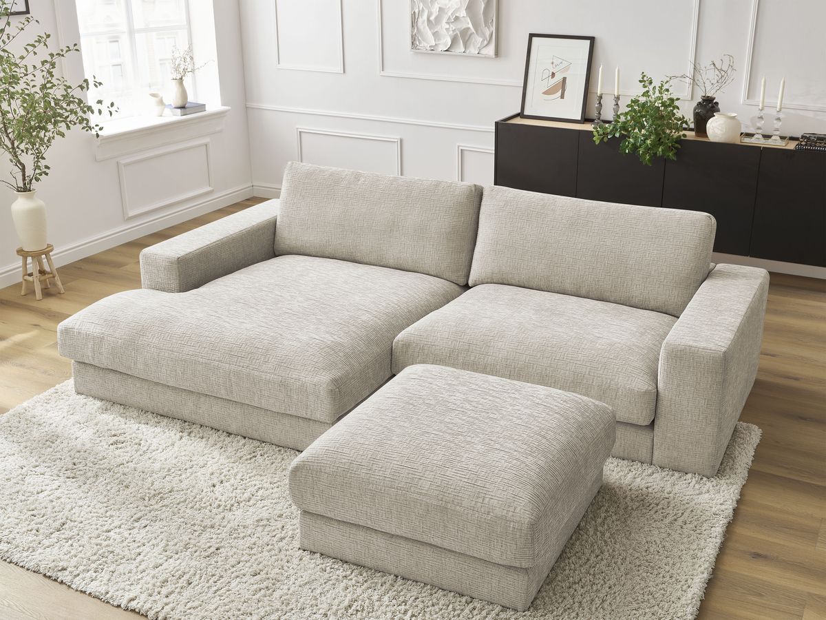 Canapé d'angle fixe compact LEONARD tissu texturé avec pouf