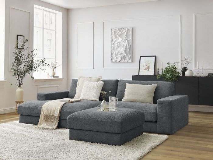 Canapé d'angle fixe compact LEONARD tissu texturé avec pouf