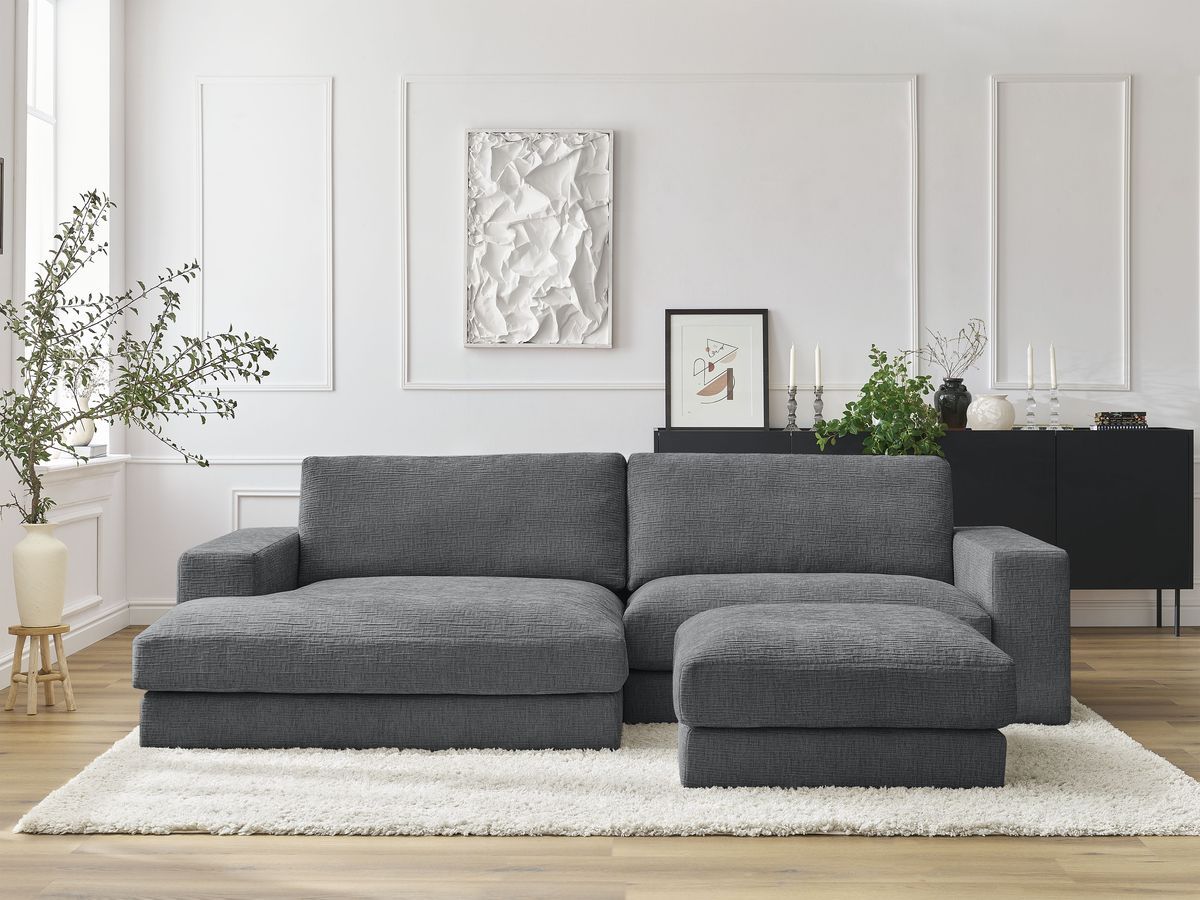 Canapé d'angle fixe compact LEONARD tissu texturé avec pouf gris foncé  angle gauche BOBOCHIC 4 places - Vue supplémentaire 2