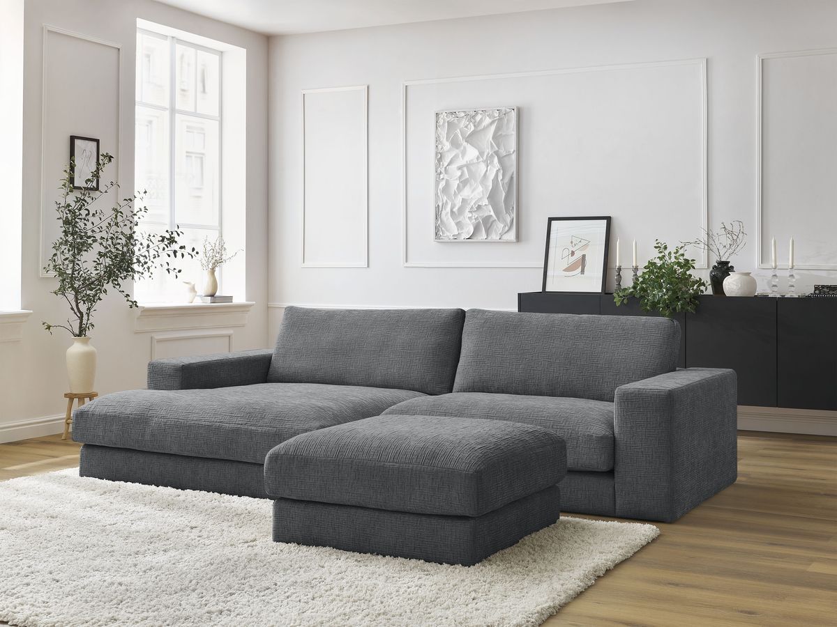 Canapé d'angle fixe compact LEONARD tissu texturé avec pouf gris foncé  angle gauche BOBOCHIC 4 places - Vue supplémentaire 3