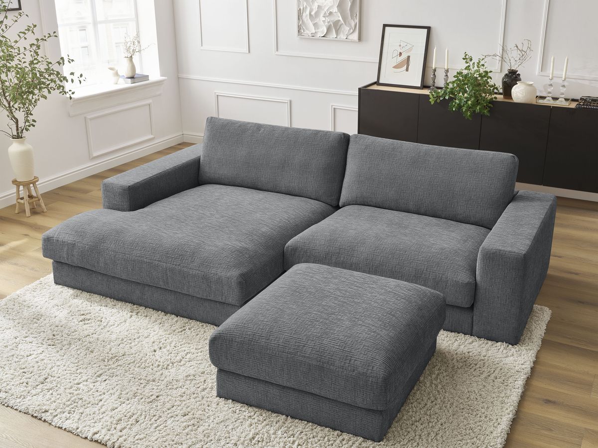 Canapé d'angle fixe compact LEONARD tissu texturé avec pouf