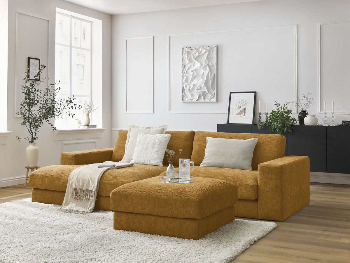 Canapé d'angle fixe compact LEONARD tissu texturé avec pouf