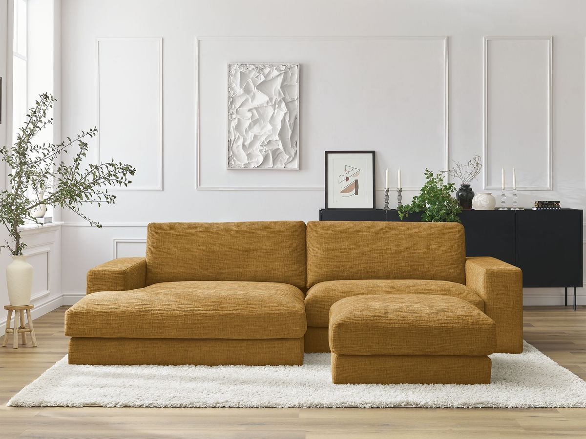 Canapé d'angle fixe compact LEONARD tissu texturé avec pouf