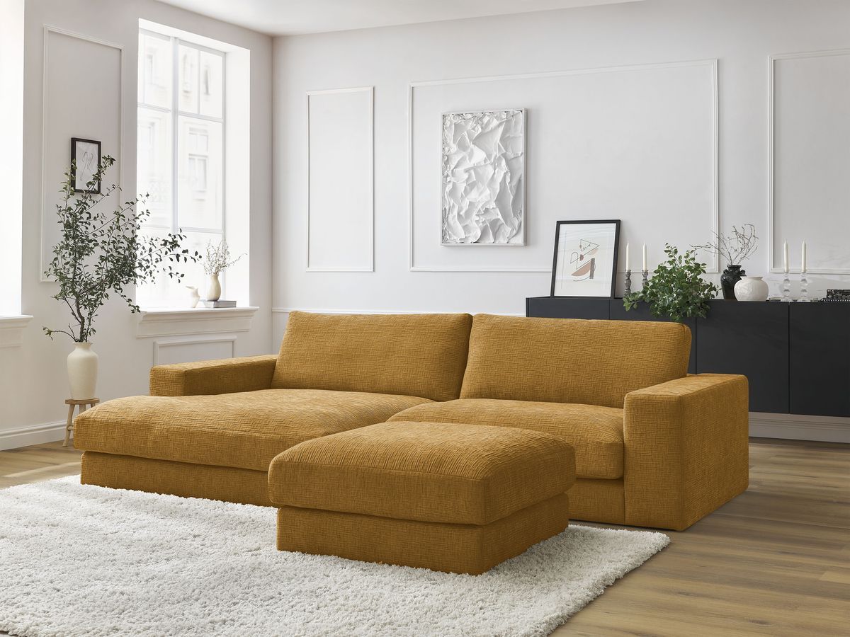 Canapé d'angle fixe compact LEONARD tissu texturé avec pouf jaune  angle gauche BOBOCHIC 4 places - Vue supplémentaire 3
