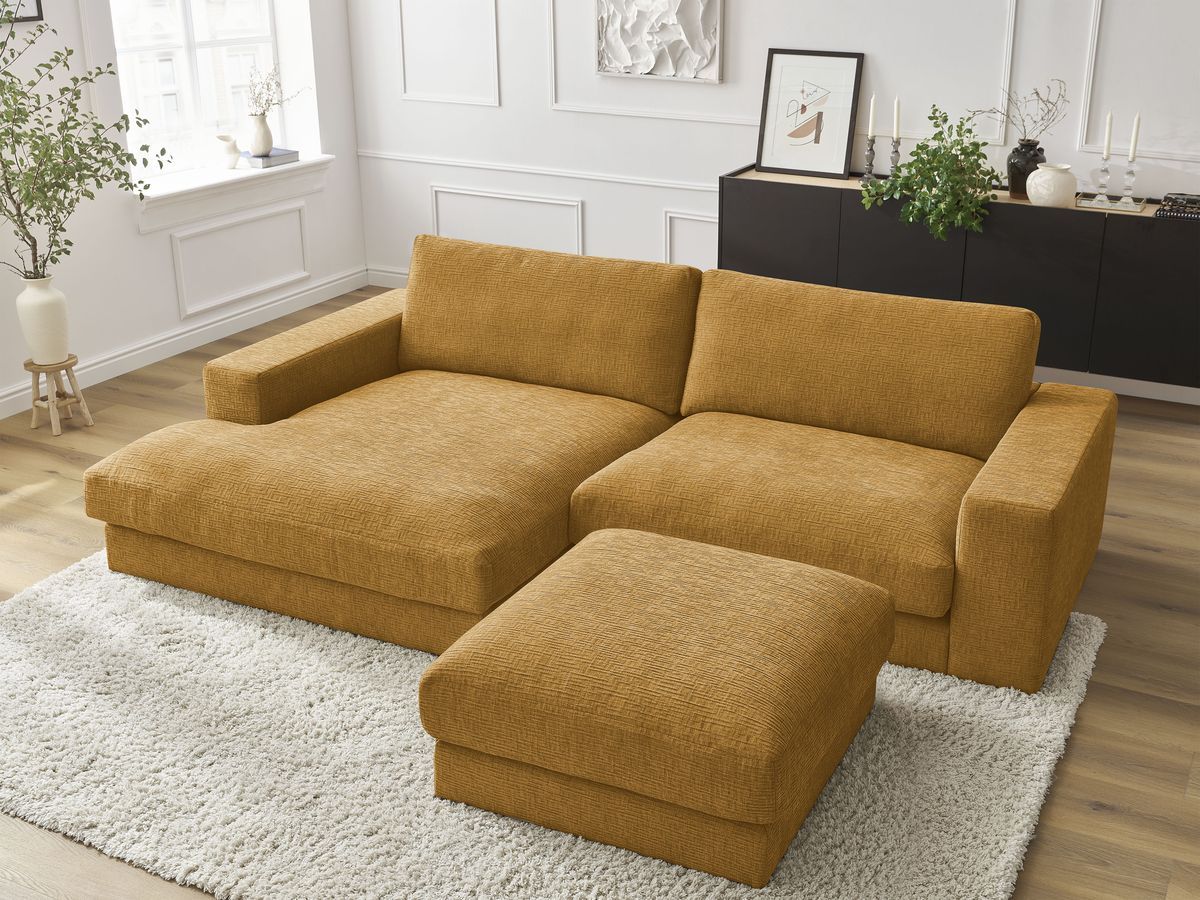 Canapé d'angle fixe compact LEONARD tissu texturé avec pouf