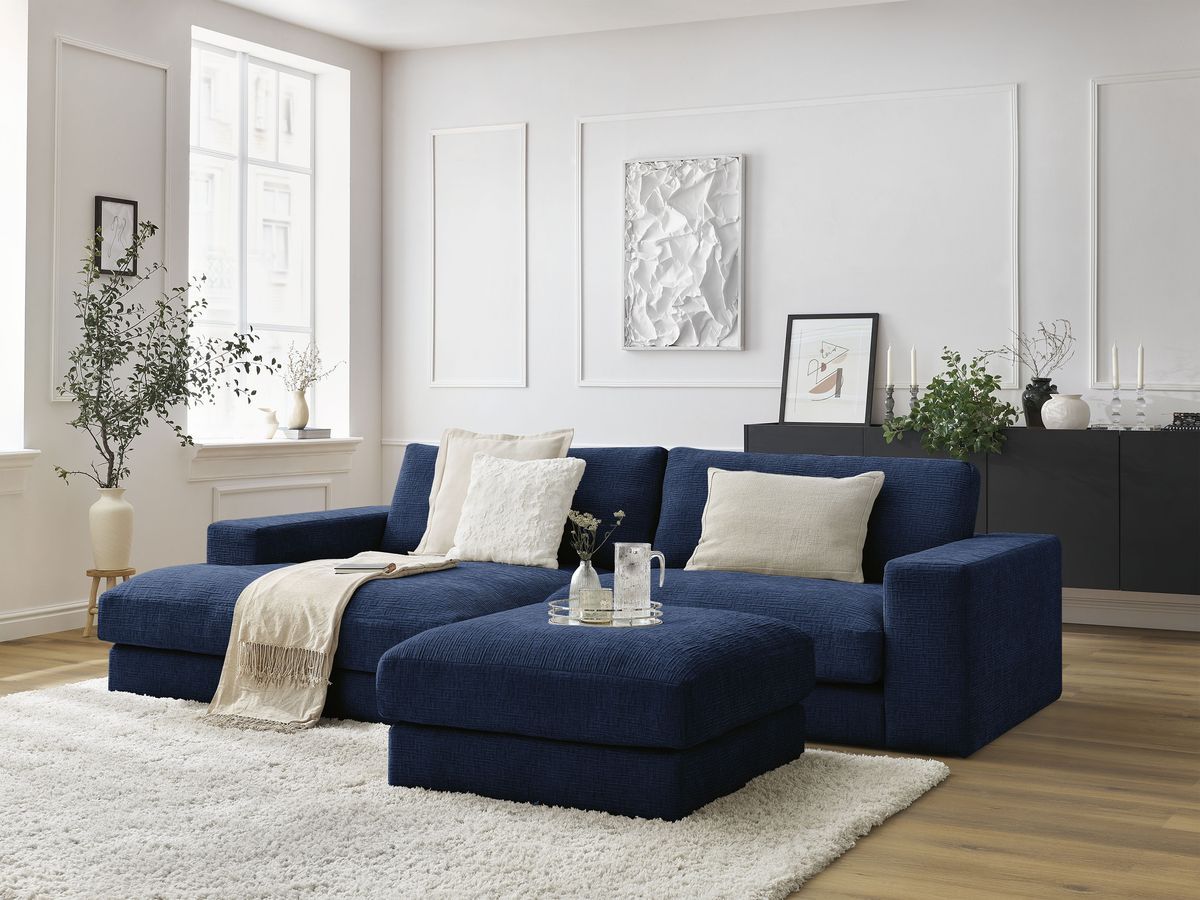 Canapé d'angle fixe compact LEONARD tissu texturé avec pouf