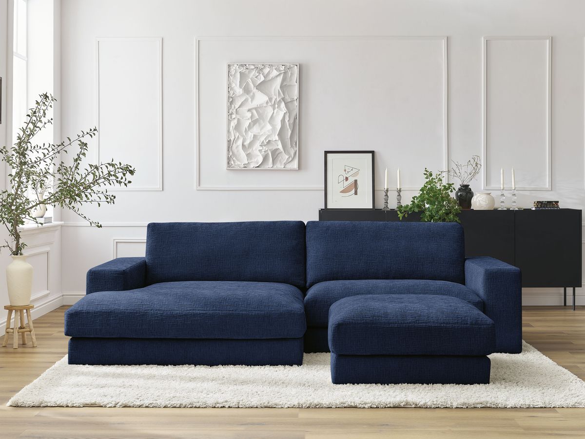 Canapé d'angle fixe compact LEONARD tissu texturé avec pouf