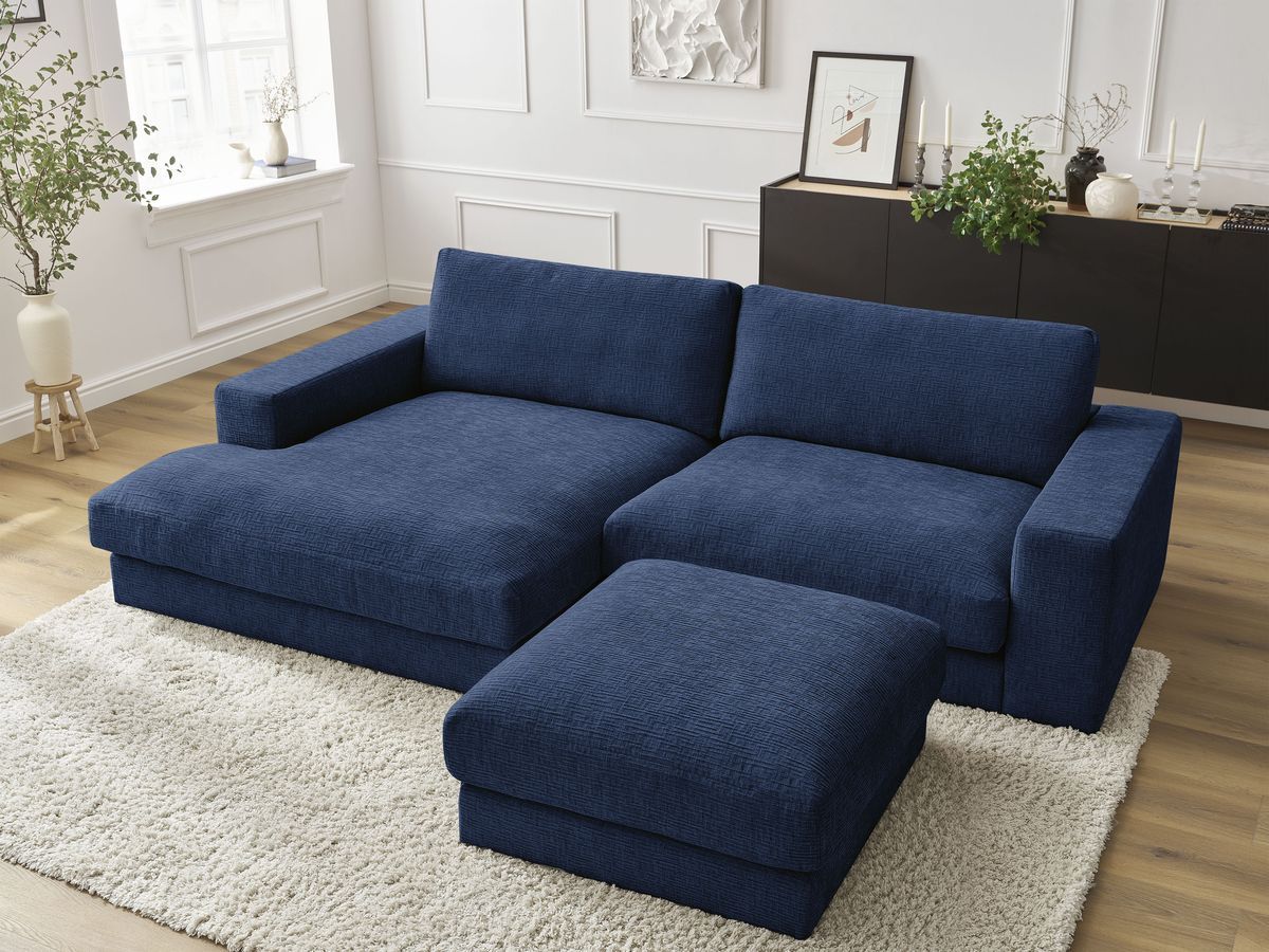 Canapé d'angle fixe compact LEONARD tissu texturé avec pouf