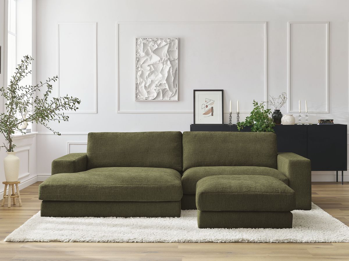 Canapé d'angle fixe compact LEONARD tissu texturé avec pouf vert  angle gauche BOBOCHIC 4 places - Vue supplémentaire 2