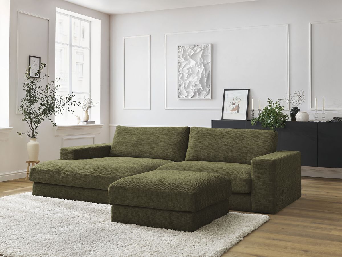 Canapé d'angle fixe compact LEONARD tissu texturé avec pouf vert  angle gauche BOBOCHIC 4 places - Vue supplémentaire 3