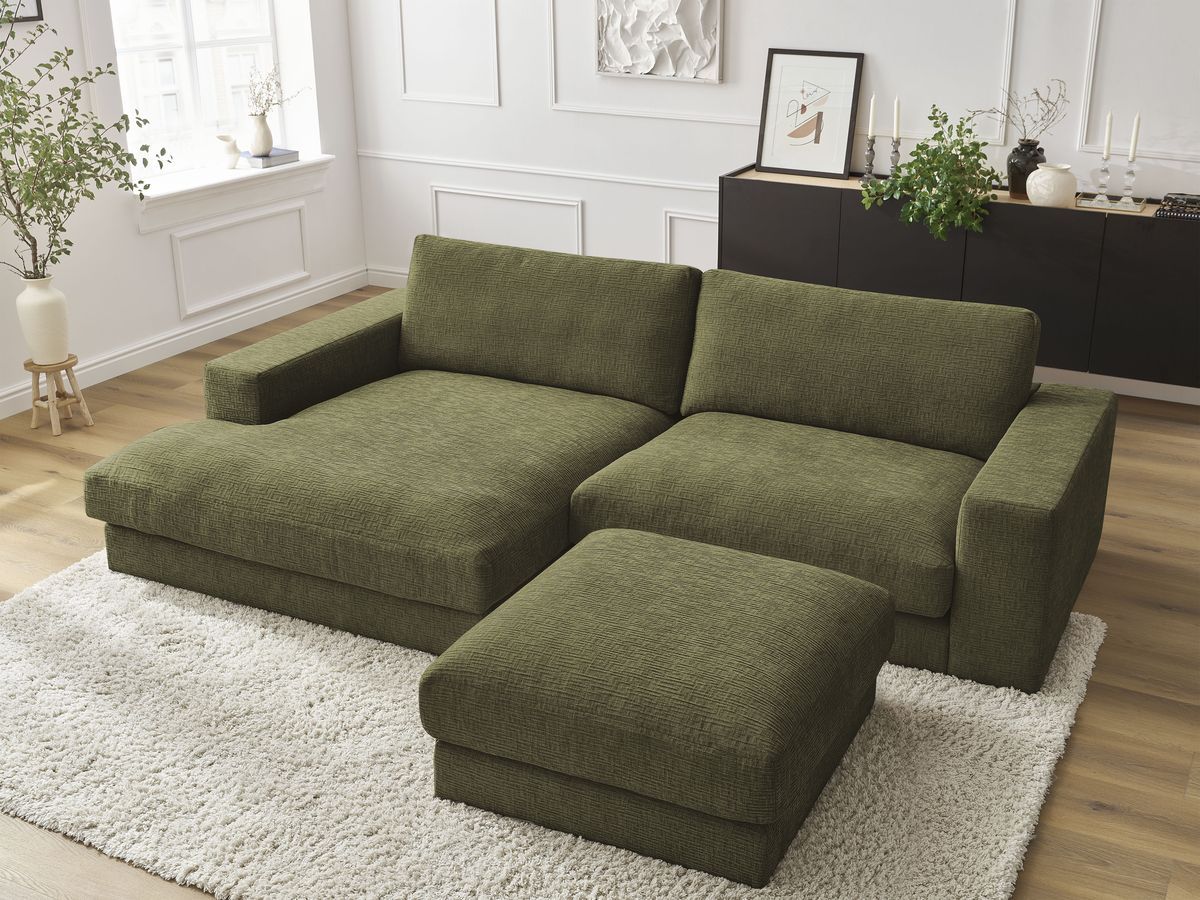 Canapé d'angle fixe compact LEONARD tissu texturé avec pouf