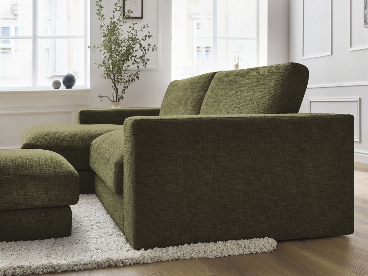 Canapé d'angle fixe compact LEONARD tissu texturé avec pouf