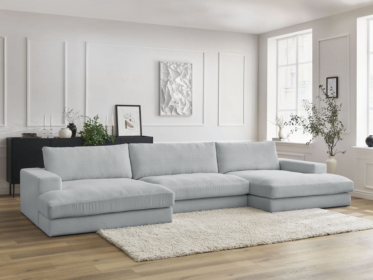 Canapé panoramique compact LEONARD velours côtelé gris clair — vue 5