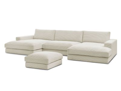Canapé panoramique fixe compact LEONARD velours côtelé avec pouf