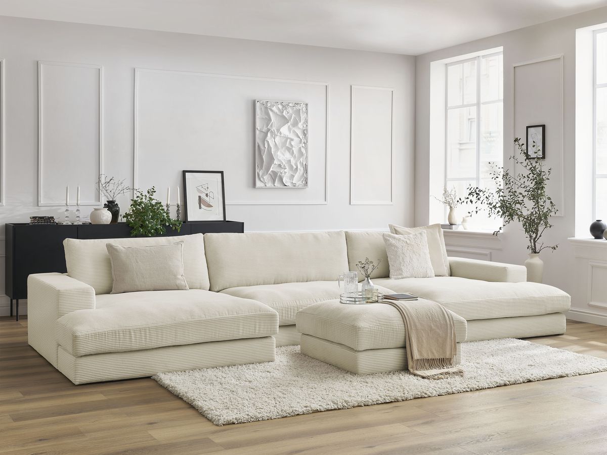 Canapé panoramique compact LEONARD velours côtelé avec pouf beige