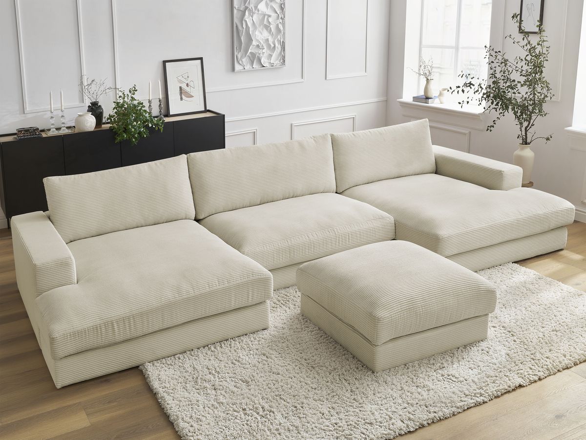 Canapé panoramique compact LEONARD velours côtelé avec pouf beige — vue 6