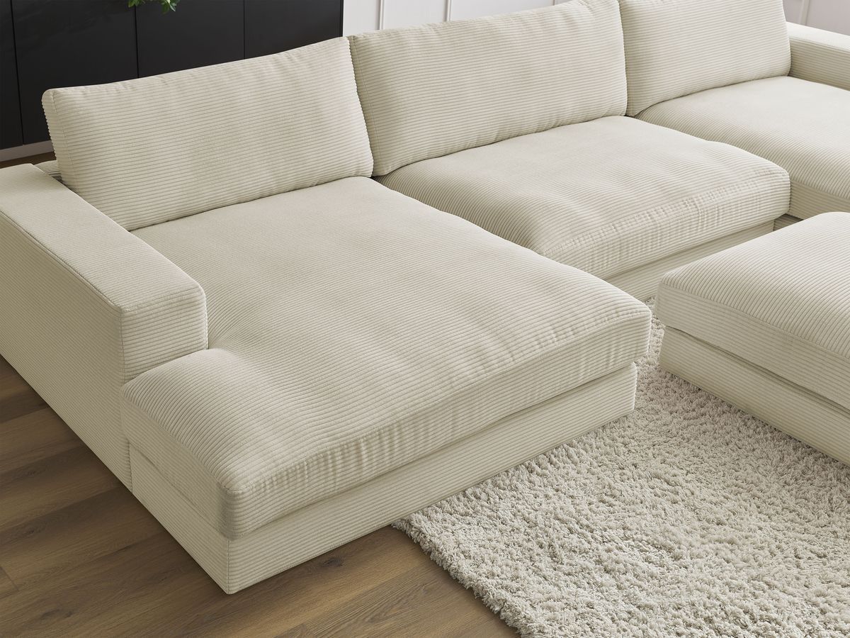 Canapé panoramique fixe compact LEONARD velours côtelé avec pouf
