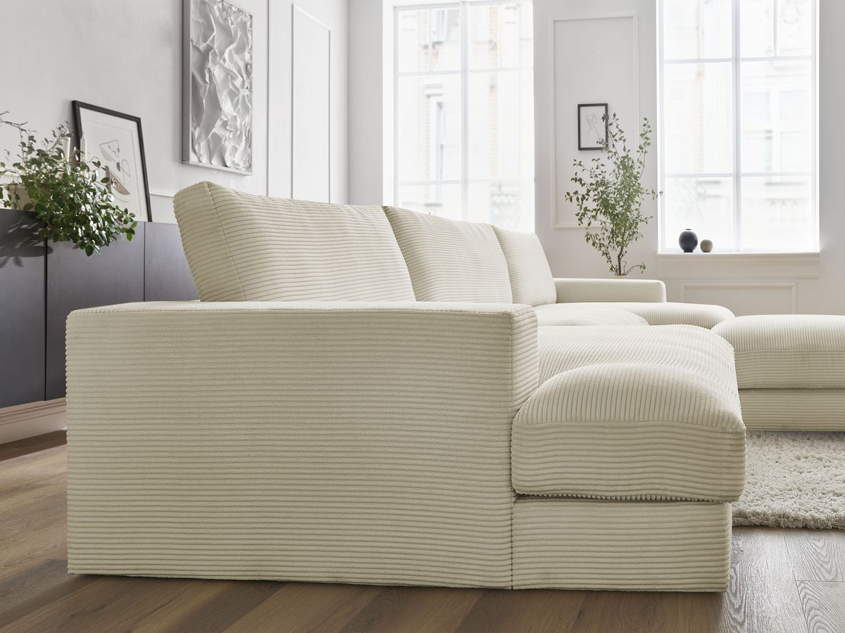 Canapé panoramique fixe compact LEONARD velours côtelé avec pouf