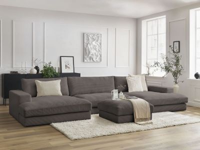 Canapé panoramique fixe compact LEONARD velours côtelé avec pouf