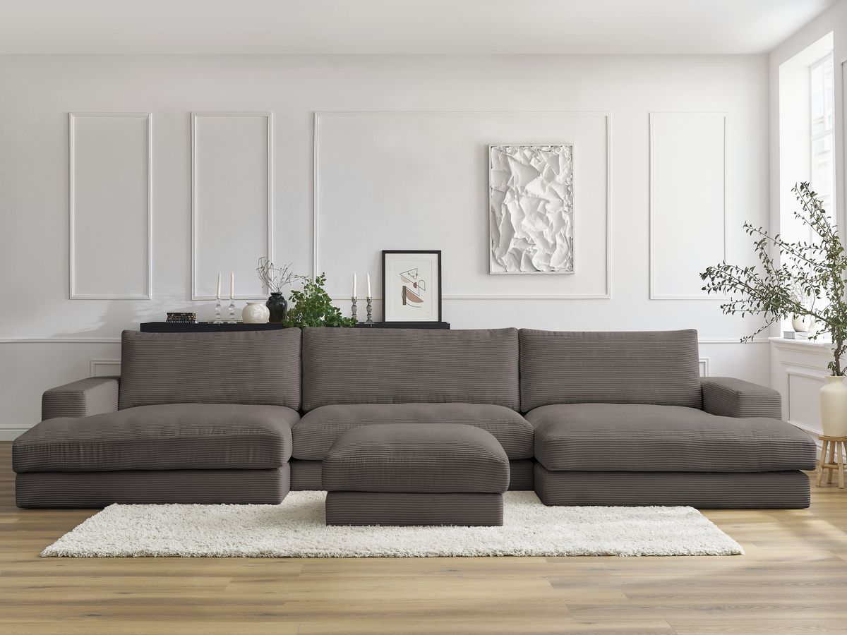 Canapé panoramique compact LEONARD velours côtelé avec pouf marron — vue 4