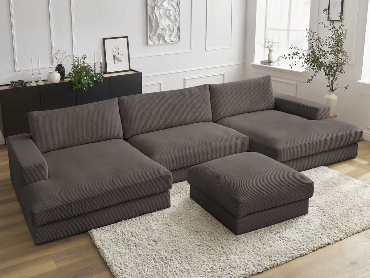 Canapé panoramique fixe compact LEONARD velours côtelé avec pouf