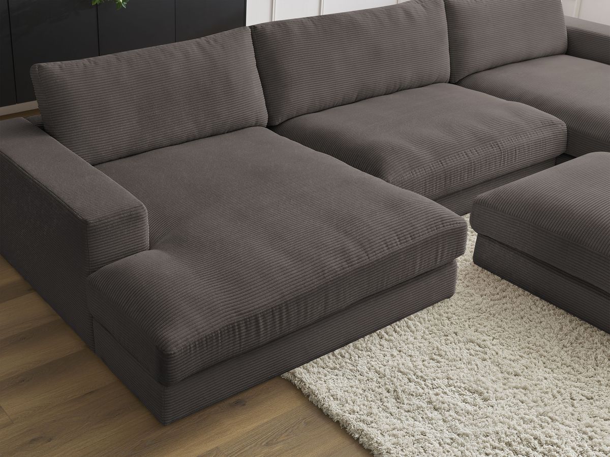 Canapé panoramique fixe compact LEONARD velours côtelé avec pouf