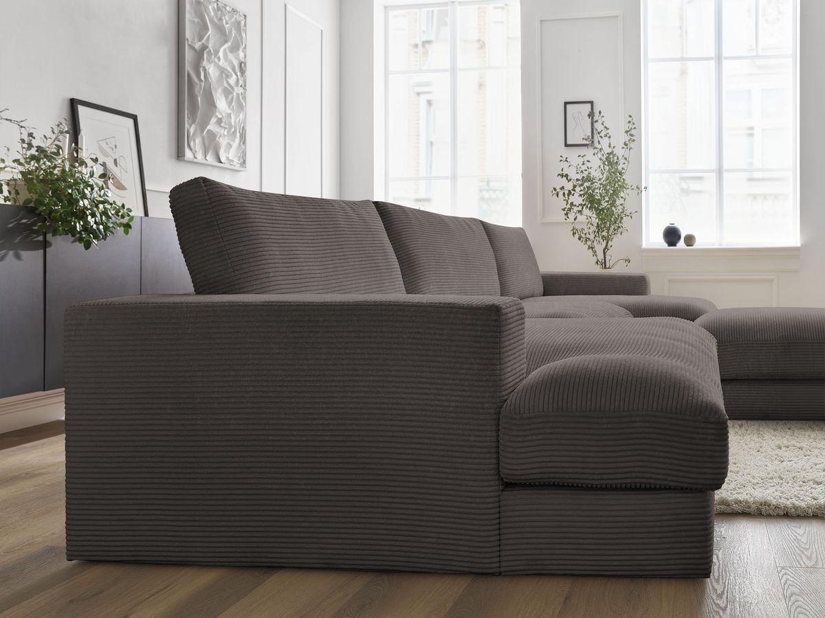 Canapé panoramique fixe compact LEONARD velours côtelé avec pouf