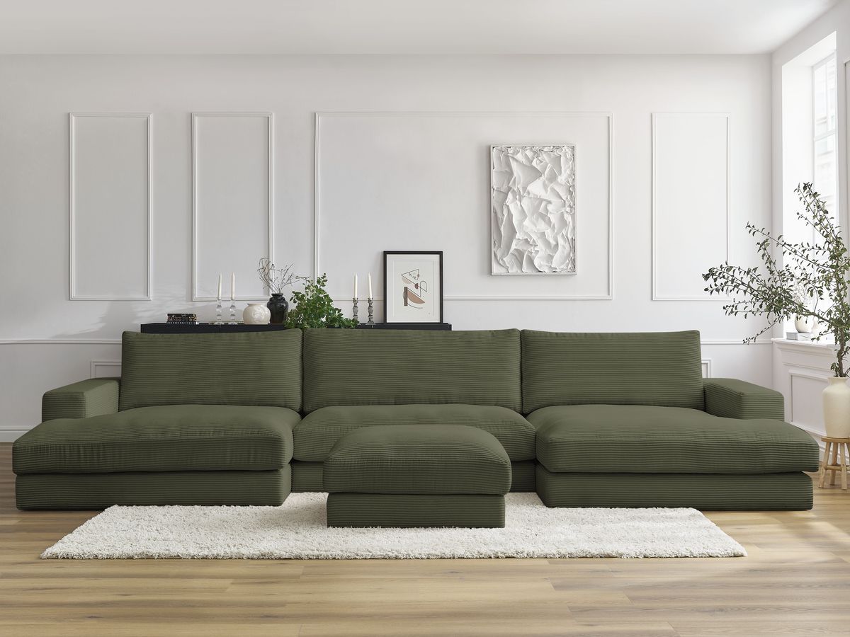 LEONARD vaste compacte panoramische bank in corduroy met poef