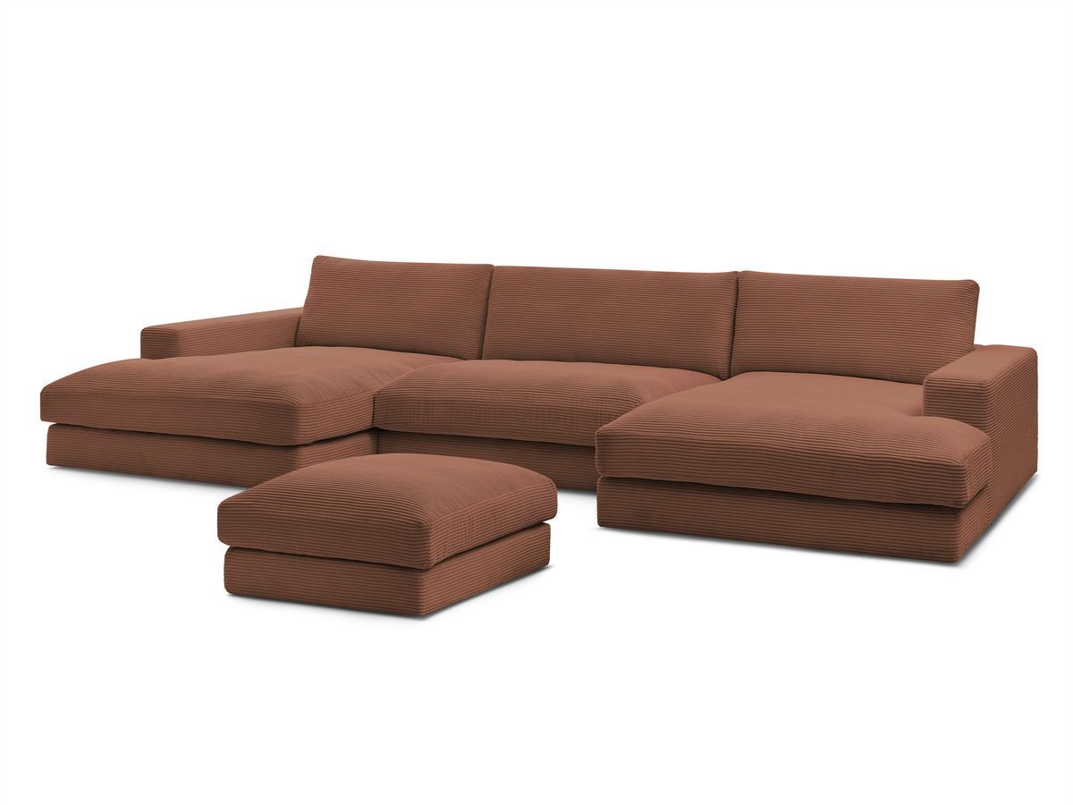 Canapé panoramique fixe compact LEONARD velours côtelé avec pouf