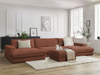 Canapé panoramique fixe compact LEONARD velours côtelé avec pouf