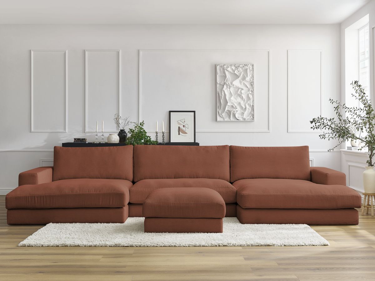 Canapé panoramique compact LEONARD velours côtelé avec pouf orange — vue 4