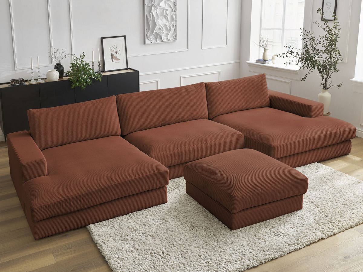 Canapé panoramique fixe compact LEONARD velours côtelé avec pouf